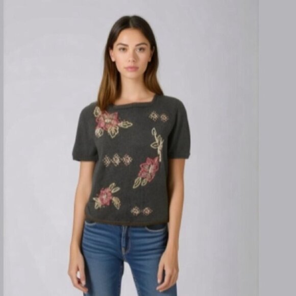 ALFRED Dunner Brown Embroider Floral Knit Short Sleeve Sweater - Picture 1 of 10